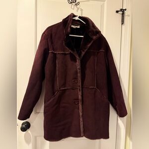 Vintage Jones New York Burgundy Faux Suede and Fur Coat, Petite Large